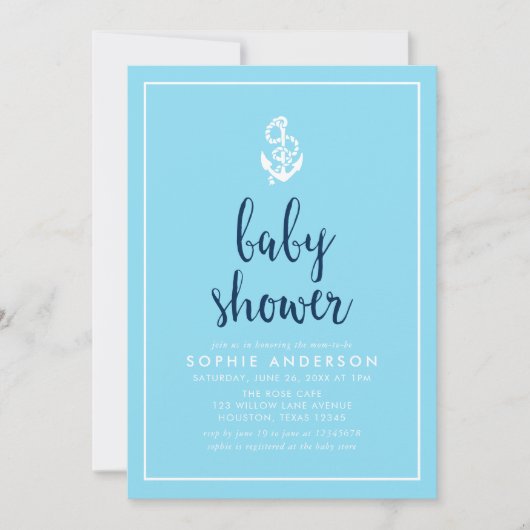 Anchor Blue Script Baby Dusche Einladung (Vorderseite)