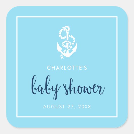 Anchor Blue Script Baby Dusche Quadratischer Aufkleber (Vorderseite)