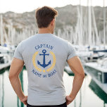 Anchor Captain Boat Name Gold Laurel Zwei Seiten T-Shirt<br><div class="desc">Ein eigens entworfener (Vor- und Rücken-)nautischer Bootsanker,  goldene Lorbeerfische und ein goldener Stern mit Captain Rank oder einem anderen Titel und Ihrem personalisierten Namen oder Bootsnamen auf einem grauen T - Shirt. Macht ein großartiges Geschenk.</div>