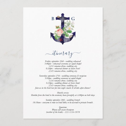Anchor Floral Nautical Summer Wedding Tour Programm (Rückseite)