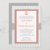 Anchor Gray Stripes Coral Wedding Einladung (Vorne/Hinten)