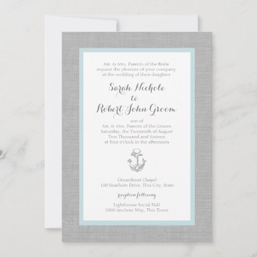 Anchor Grey Burlap Beach Wedding Einladung (Vorderseite)