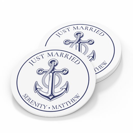 Anchor Just Married Navy Blue Nautical Wedding Runder Aufkleber