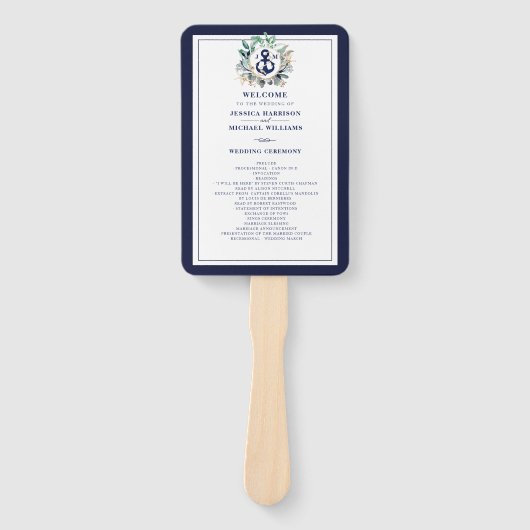 Anchor Monogram Greenerity Wreath Navy Hochzeit Fächer (Vorderseite)