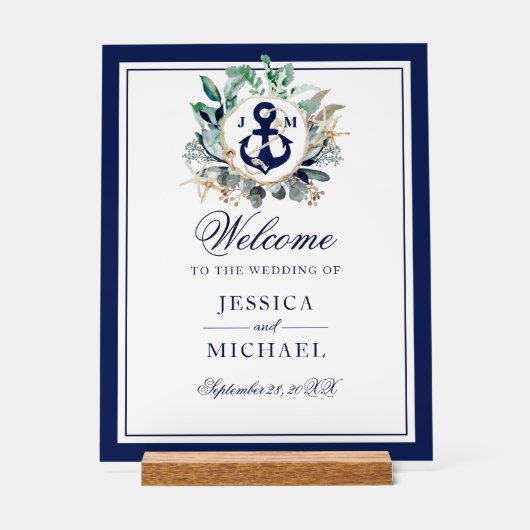 Anchor Monogram Greenery Wreath Wedding Willkommen Acrylschild (Vorderseite)
