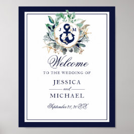 Anchor Monogram Greenery Wreath Wedding Willkommen Poster