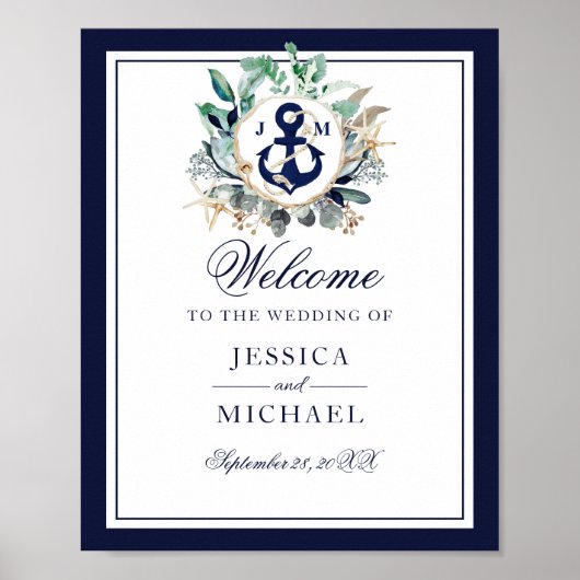 Anchor Monogram Greenery Wreath Wedding Willkommen Poster (Vorne)
