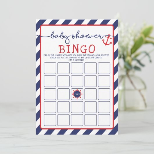 Anchor Nautical Bingo Baby Shower Game Ahoy Boy Einladung (Stehend Vorderseite)