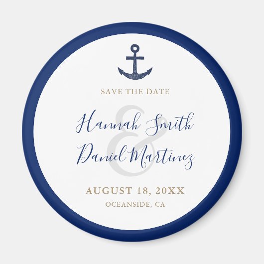 Anchor Nautical Blue Wedding Save the Date Round Magnet (Vorne)