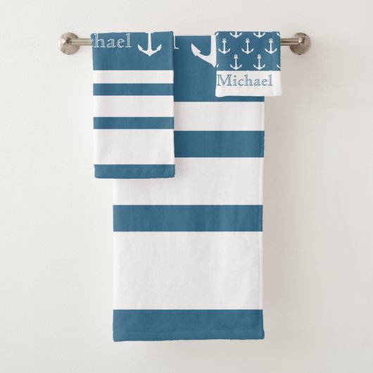 Anchor Nautical Coastal Blue White Stripes Name Badhandtuch Set (Insitu)