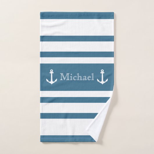 Anchor Nautical Coastal Blue White Stripes Name Badhandtuch Set (Handtuch)