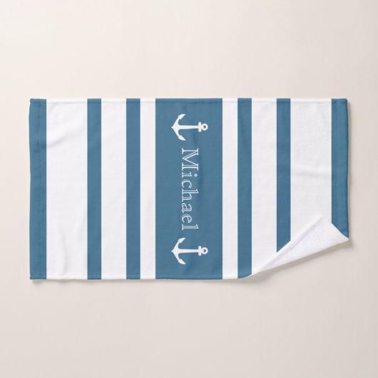 Anchor Nautical Coastal Blue White Stripes Name Badhandtuch Set (Handtuch)