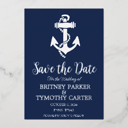 Anchor Nautical Navy Blue Modern QR Code Hochzeit Folieneinladung