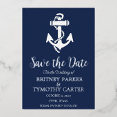 Anchor Nautical Navy Blue Modern QR Code Hochzeit Folieneinladung (Vorderseite)