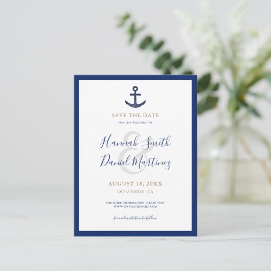 Anchor Nautical Navy Blue Wedding speichern das Da Ankündigungspostkarte (Stehend Vorderseite)