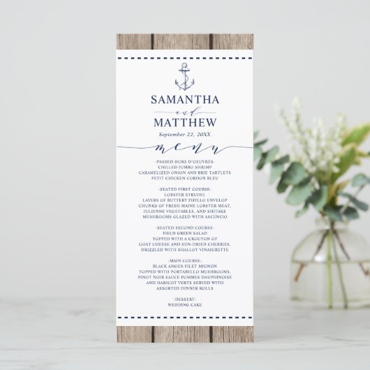 Anchor Nautical Navy Rustic Wood Wedding Menü Menükarte (Stehend Vorderseite)