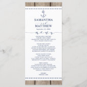 Anchor Nautical Navy Rustic Wood Wedding Menü Menükarte (Vorderseite)