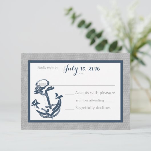 Anchor Navy Blue and Gray Response Card RSVP Karte (Stehend Vorderseite)