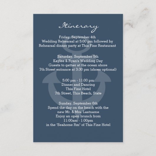 Anchor Navy Blue Intinerary Begleitkarte (Vorderseite)
