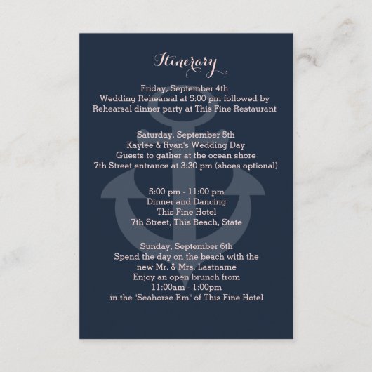 Anchor Navy Blue Intinerary Begleitkarte (Vorderseite)
