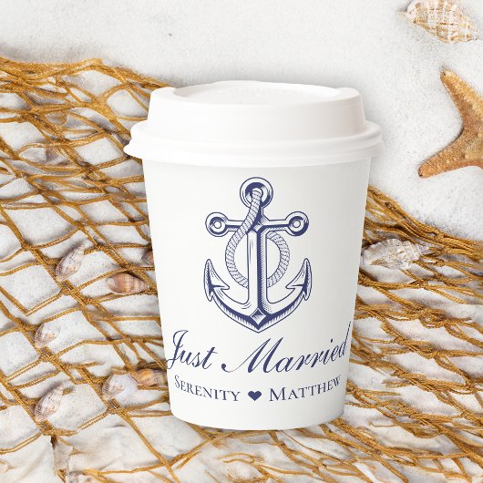 Anchor Navy Blue Just Married Nautical Wedding Pappbecher