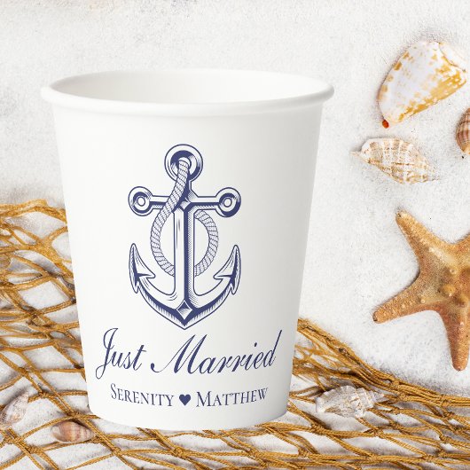 Anchor Navy Blue Nautical Just Married Wedding Pappbecher