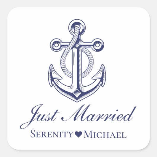 Anchor Navy Blue Nautical Just Married Wedding Quadratischer Aufkleber (Vorderseite)