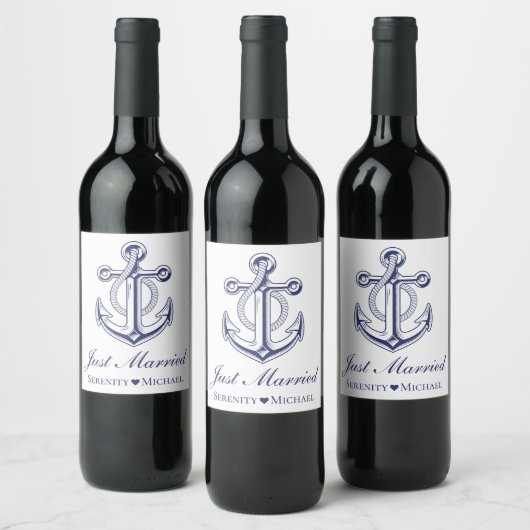 Anchor Navy Blue Nautical Just Married Wedding Weinetikett (Flaschen)