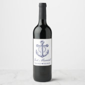 Anchor Navy Blue Nautical Just Married Wedding Weinetikett (Vorderseite)