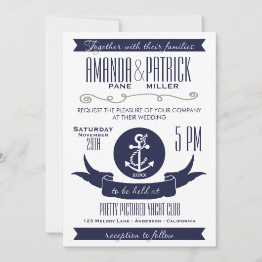 Anchor Navy Blue Nautical Wedding Einladungen (Vorderseite)