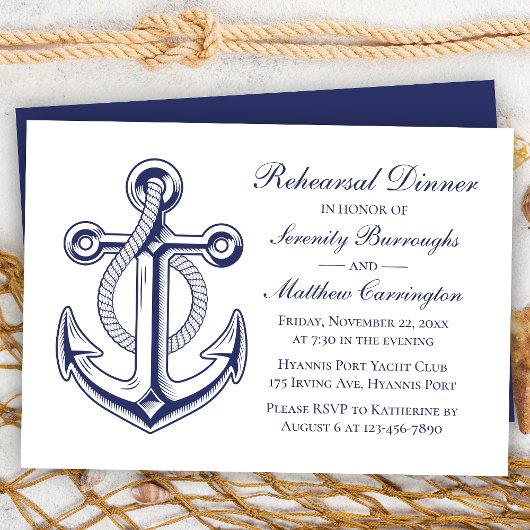 Anchor Navy Blue Nautical Wedding Probe Dinner Einladung