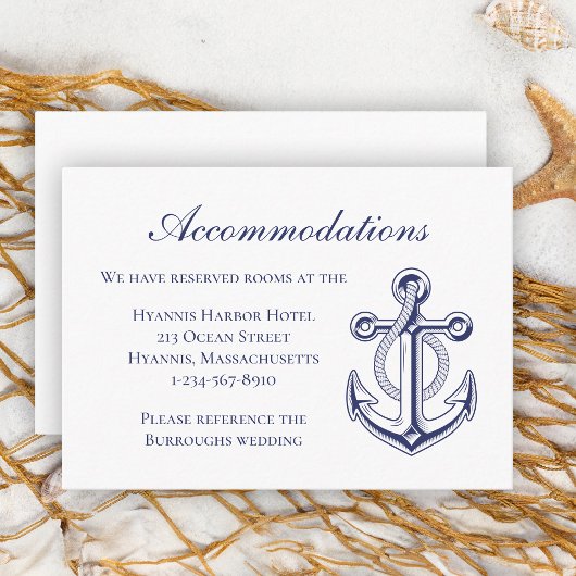 Anchor Navy Blue Nautical Wedding Unterkunft Begleitkarte