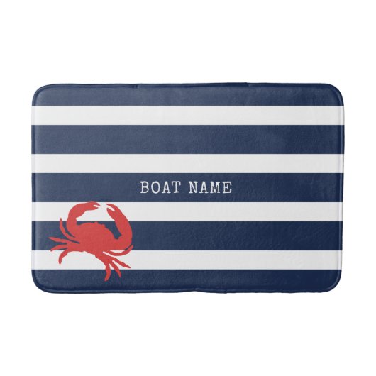 Anchor Navy Blue Stripes Red Crab Name Badematte (Vorderseite)