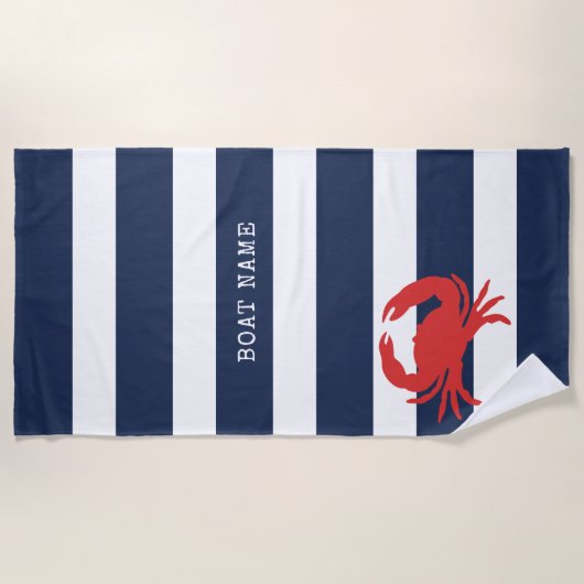 Anchor Navy Blue Stripes Red Crab Name Strandtuch (Vorderseite)