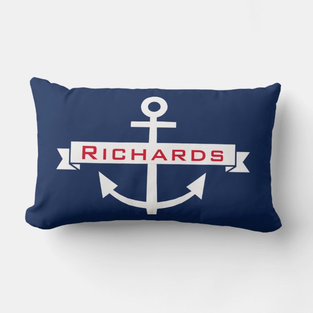 Anchor Navy Blue White Nautical Monogram Pillow Lendenkissen (Vorderseite)