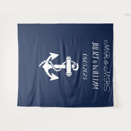 Anchor Navy Mr. & Mrs. Wedding Backdrop Banner Wandteppich (Vorderseite (Horizontal))