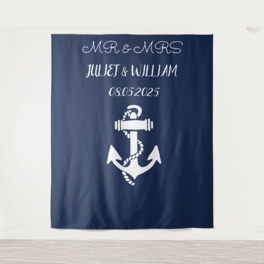 Anchor Navy Mr. & Mrs. Wedding Backdrop Banner Wandteppich (Vorderseite)