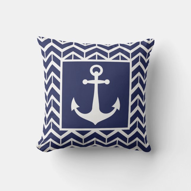 Anchor Navy White Herringbone Coastal Pool Kissen (Vorderseite)