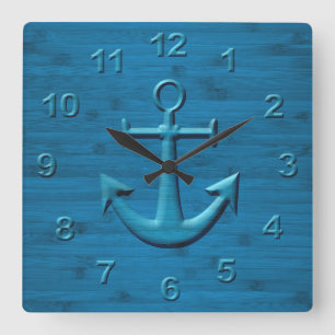 Anchor On Blue Wood Texture Print Quadratische Wanduhr
