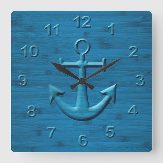 Anchor On Blue Wood Texture Print Quadratische Wanduhr (Vorderseite)
