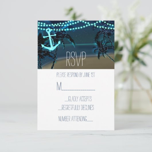 Anchor & Palm Trees Beach Night Wedding RSVP Card (Stehend Vorderseite)