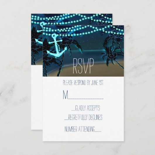 Anchor & Palm Trees Beach Night Wedding RSVP Card (Vorne/Hinten)