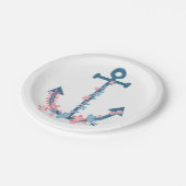 Anchor Pink Blue Floral Nautic Brautparty Pappteller (Schrägansicht)