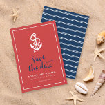 Anchor Red und Blue Script Save the Date<br><div class="desc">Stilvolle Nautic Save the Date mit einem Anker und den Worten "Save the Date" in einem stylish blauen Skript vor einem roten Hintergrund mit weißem Rand. Die Karte weist ein weißes Streifen-Muster auf einer blauen Rückseite auf. Karo andere Hochzeitsartikel hier https://www.zazzle.com/rosewoodandcitrus/gifts?cg=196540141241316965&rf=238364477188679314 Personalisieren Sie sie durch Ersetzen des Platzhaltertextes. Für weitere...</div>