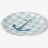 Anchor Sailboat Nautical Blue Gingham Karo Pappteller (Schrägansicht)
