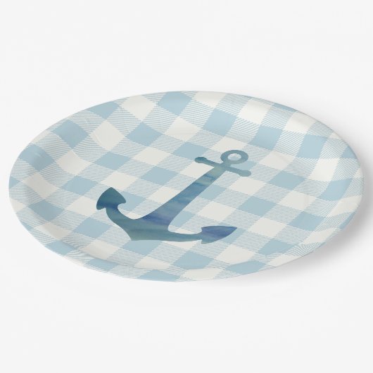 Anchor Sailboat Nautical Blue Gingham Karo Pappteller (Schrägansicht)