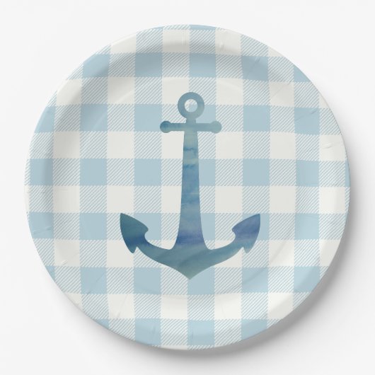 Anchor Sailboat Nautical Blue Gingham Karo Pappteller (Vorderseite)