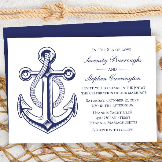 Anchor Sailor Navy Blue Nautical Wedding Einladung