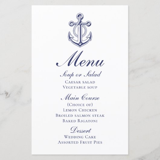 Anchor Sailor Navy Blue Nautical Wedding Menu (Vorderseite)