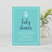 Anchor Turquoise und Blue Script Baby Dusche Einladung (Stehend Vorderseite)